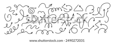 Spiral arrow doodle, wavy twist minimal squiggly line set. Curve comic turn way direction. Playful quirky simple free hand elements. 