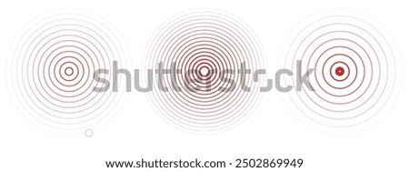 Concentric ripple circles set. Seismic Earthquake alert radar. Radial signal, sonar wave, soundwave rings. touch effect or pulse