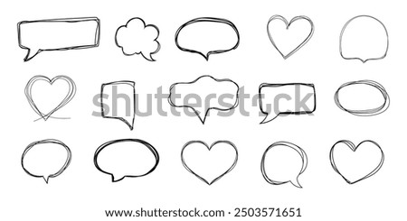 Speech bubble frame scribble fast hand drawing, pent or marker drawing. Comic sketch border, highlight. Cloud, heart, circle bubble chat, text box.