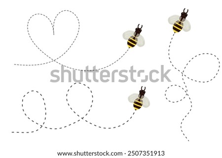 Bee flying doted path, line way. Bumblebee fly route journey for travel. Honey product design, Bee with cute wings.