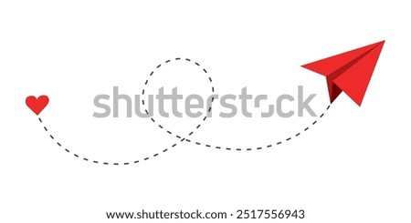 Paper plane red dashed line doodle sketch style drawing. Path way, follow idea. Business or travel design element. Paper aeroplane