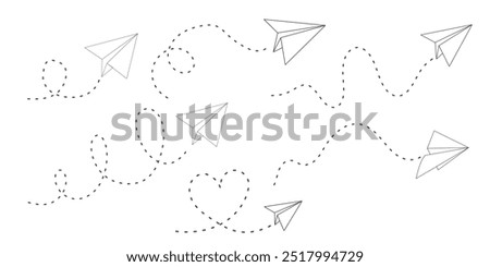 Paper plane dashed line doodle sketch style drawing. Path way, follow idea. Business or travel design element. Paper aeroplane