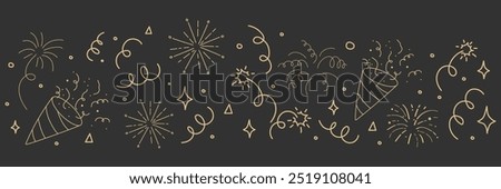 Confetti goden border doodle line drawing. Sketch burst with ribbon dots, firework explosion, firecracker. Celebration simple decor, party seamless holiday on dark background.