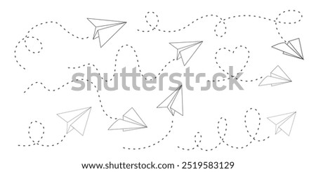 Paper plane dashed line doodle sketch style drawing. Path way, follow idea. Business or travel design element. Paper aeroplane