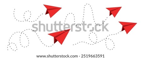 Paper plane red dashed line doodle sketch style drawing. Path way, follow idea. Business or travel design element. Paper aeroplane