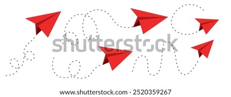 Paper plane red dashed line doodle sketch style drawing. Path way, follow idea. Business or travel design element. Paper aeroplane