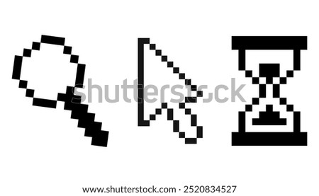 Pixel cursor 8 bit set, search, hourglass and point retro interface. Windows mouse pointer. Sand clock, lupe. 