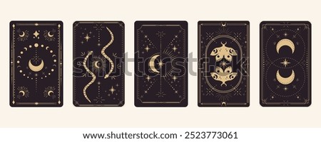 Tarot reverce border magic sacred frame gold line border celelstial mystery esoteric cover card decoration with snake moth stars and moon on dark background.