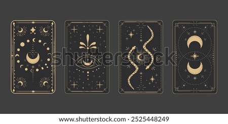 Tarot reverce border magic sacred frame gold line border celelstial mystery esoteric cover card decoration with snake stars and moon on dark background.