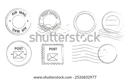 Postal stamps, seal and postmarks sign set. Empty mail delivery template. Paper mark symbol of correspondence, post, airmail. Wavy lines