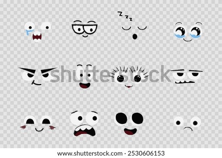 Face emotions, comic expressions, cute crazy eyes collection isolated. Doodle smiley mood comic design elements. Emotional comic face with eyes, mouths, tongue and teeth.