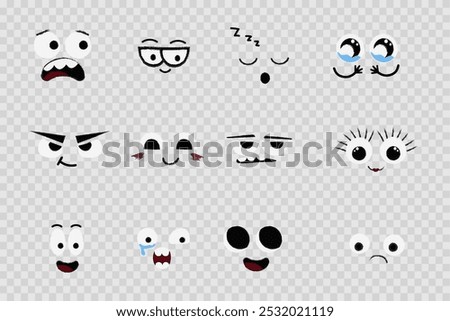 Face emotions, comic expressions, cute crazy eyes collection isolated. Doodle smiley mood comic design elements. Emotional comic face with eyes, mouths, tongue and teeth.