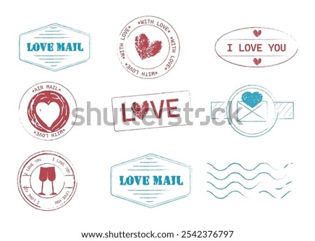 Set Love stamp, romantic mail, postage. Retro Valentine, wedding grunge print. Textured post card decoration. Heart stamp.