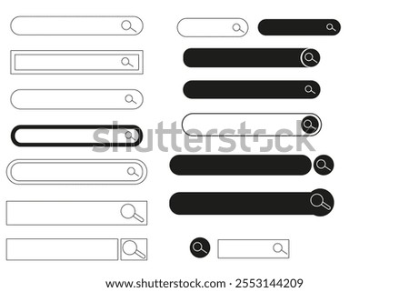Search bar finder, modern frame text box, form with magnifier, interface Menu ui design element. Simple banner, site border.