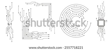 Circuit board line microchip, software. Integrated motherboard, connections. Innovative Electronic Network. Technology background, design elements geometric and connection system.