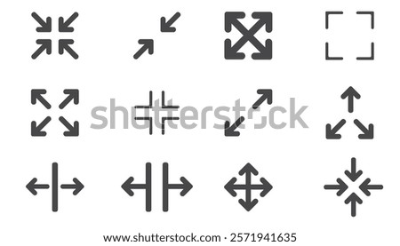 Full screen icon interface menu cursor bitton, application size control pointer. Web ui line navigation maximize or minimaze icon. App arrow. Enter or exit