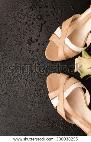 Pair of open toed leather shoes on black background