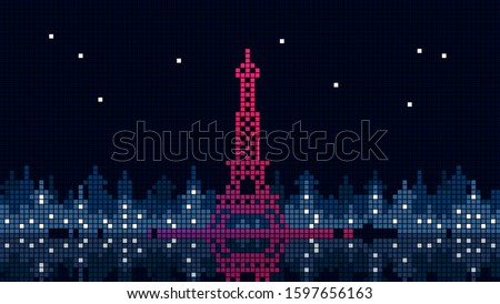 Night in Paris City. Famous Eiffel tower in Paris, France. Architecture city symbol of France. Grid style illustration. 