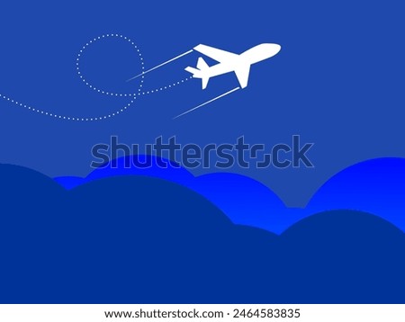 Travel concept illustration in vector. The plane flies and leaves a trail line. Summer vacation background.