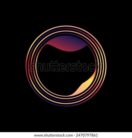 Glowing neon color circle round curve shape with wavy dynamic lines isolated on black background technology concept. Circular light frame border. Light ring background. For badges, price tags, etc.