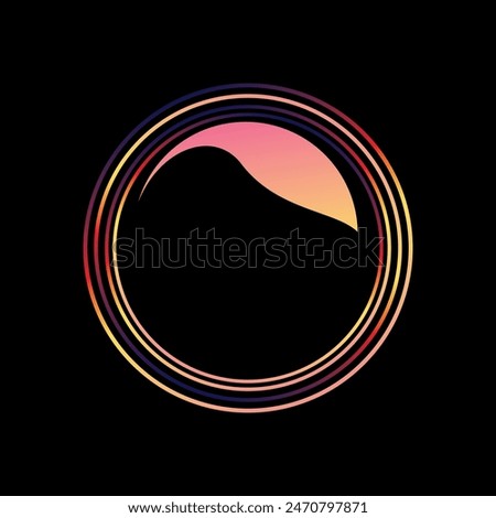 Glowing neon color circle round curve shape with wavy dynamic lines isolated on black background technology concept. Circular light frame border. Light ring background. For badges, price tags, etc.