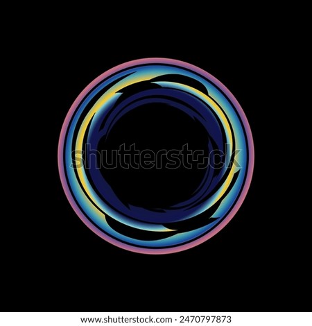 Glowing neon color circle round curve shape with wavy dynamic lines isolated on black background technology concept. Circular light frame border. Light ring background. For badges, price tags, etc.