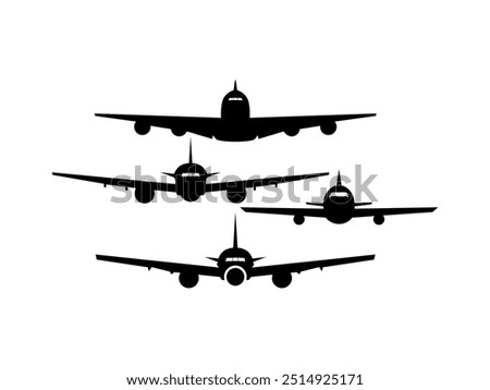 Set of black airplane Icons. Aircraft. Front view of airplane on white background.