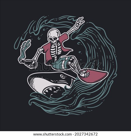 vintage design skeleton doing surfing while holding beer bottle with shark and black background vintage illustration