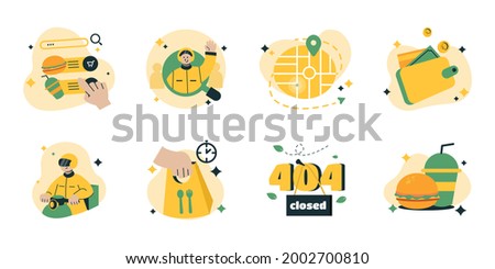 Set Scenes Icon Food Delivery. Food Online Mobile App Template, Data Design Concept Vector Illustration. Food Delivery For Onboarding Screen Vector Icon Illustration