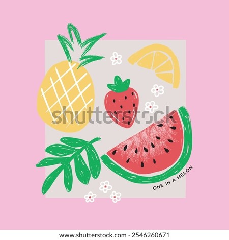 Summer Fruit Design Graphic Tees Pineapple, Strawberry, Watermelon Slice, Lemon, Leaf. Perfect for for kid's t-shirt, baby clothes, kids designs, summerthemed graphics, posters, and invitations.