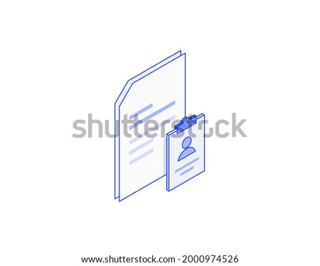 Resume document, doc, list and badge, file isometric illustrate 3d vector icon. Modern creative design illustration in flat line style.