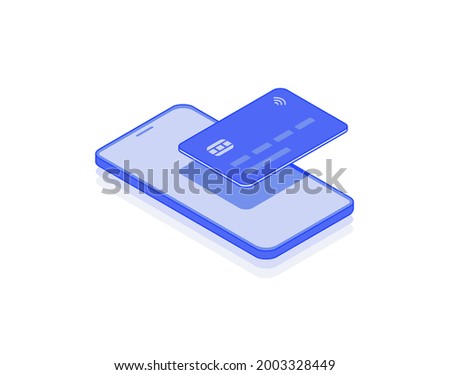 Smartphone and banking card, cell phone, mobile payments, online bank app isometric illustrate 3d vector icon. Modern creative design illustration in flat line style.