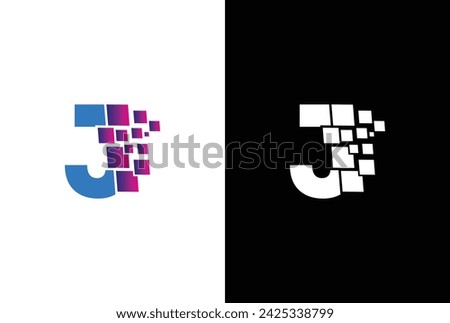 Initial Letter J digital pixel logo design template element. Letter J Pixel logo, Triangle, Blue color, Technology and digital logotype.