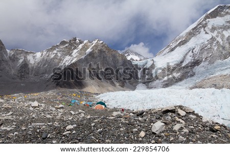 EVEREST BASE CAMP, KHUMBU REGION, NEPAL CIRCA APRIL 2013  Tents and expedition headquarters set-up on the rocks and ice of the Khumbu Glacier circa 2013 near Gorak Shep, Nepal