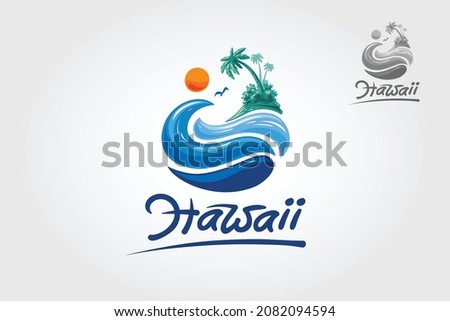 Hawaii Vector Logo Template. Water ocean waves with sun, palm tree and beach, for restaurant and hotel.