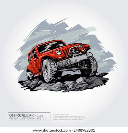 Offroad Car Vector Illustration. Off road vehicle over a heap of stones.