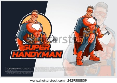 Super Handyman Vector Mascot Logo. Super mechanic hero holding a hammer.