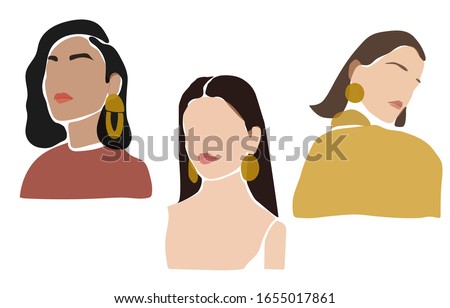 Collage set of young female face with golden earrings on white background, contemporary fashion portrait in a minimalist, abstract style,  hand drawn illustration for Beauty Concept, t-Shirt Print