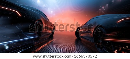 Sports cars racing, moving towards city - futuristic concept (with grunge and grain overlay) custom tail lights design - 3d illustration