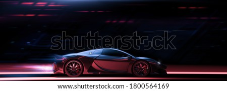 High speed, sports car - futuristic concept (non-existent car design, full generic), side view - 3d illustration, 3d render
