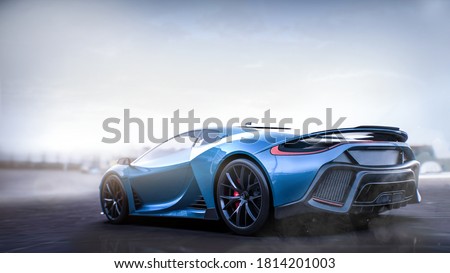 Metallic blue sports car, rear view (non-existent car design, full generic), tail lights detail- with grunge overlay - 3d illustration