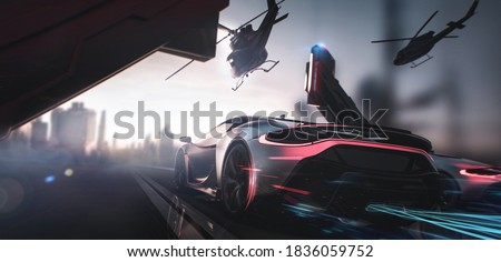 Car racing with police helicopter chase, moving towards city - street race concept (non-existent car design, full generic) - 3d illustration, 3d render