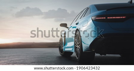 Luxury sedan car sunset scene (non-existent car design, full generic) tail lights detail - 3d illustration, 3d render