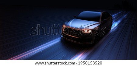 Futuristic sports car in motion - front perspective view (non-existent car design, full generic) -3d render, 3d illustration