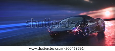 Luxury sports car speeding - with motion blur effect (non-existent car design, full generic) - 3d illustration, 3d render