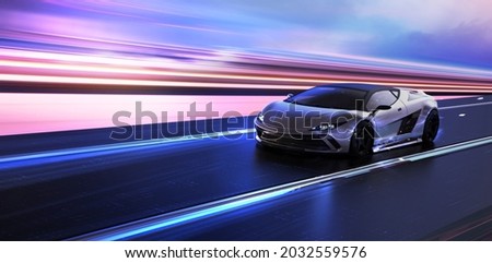 Futuristic luxury car in motion (non existent car design, full generic) - 3d illustration, 3d render