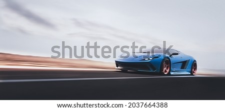 Blue futuristic car speeding on the open road, side view (non-existent car design, full generic - no trademark issues) - 3d illustration, 3d render