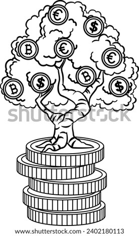 Money Tree with Coins for Coloring Page. Increase of Capital and Growth of Income. Profit, Making Money, Financial Success, Investment, Family Budget Concept. Vector illustration