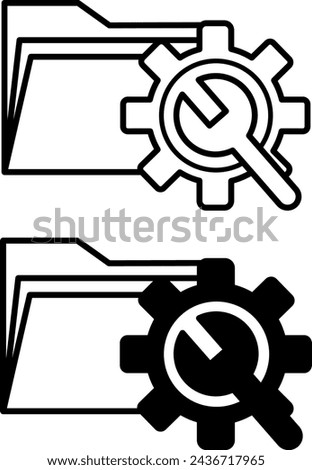 Testing icons. Black and White Vector Icons of Computer Folder, Gear, and Wrench. Programming and Coding Concept