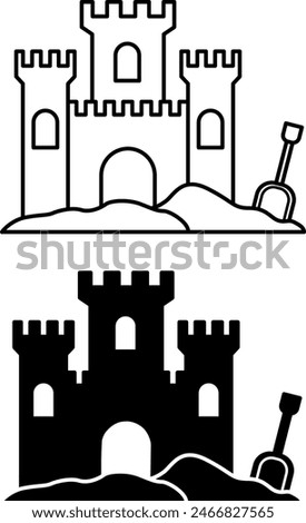 Sand Castle Icons. Black and White Vector Icons. A building made of Sand and a Children's Shovel. Fun Games on the Beach. Summer and Vacation Concept